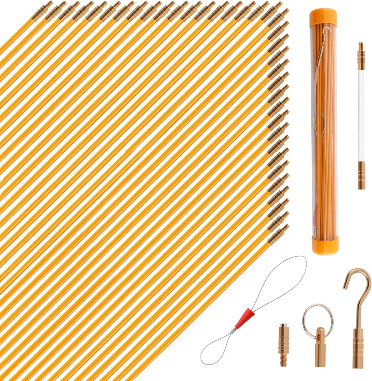 50FT Fiberglass Fish Tape Wire Puller Kit with Multiple Attachments