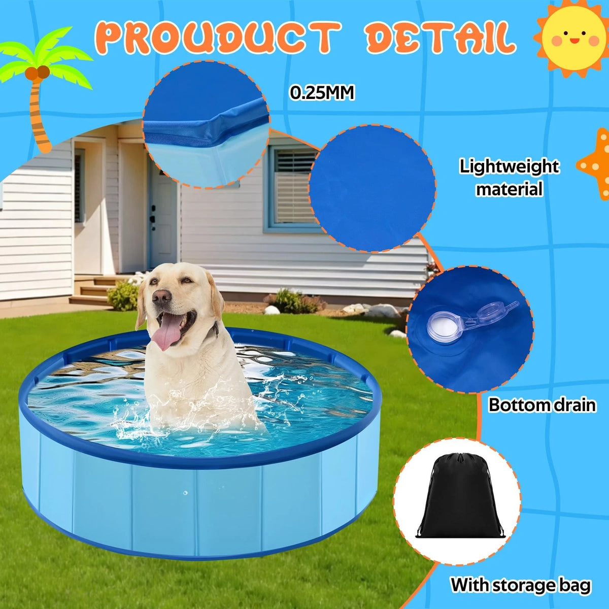 Foldable Dog Pool for Pets (24 x 8) - Portable Hard Plastic with Storage Bag