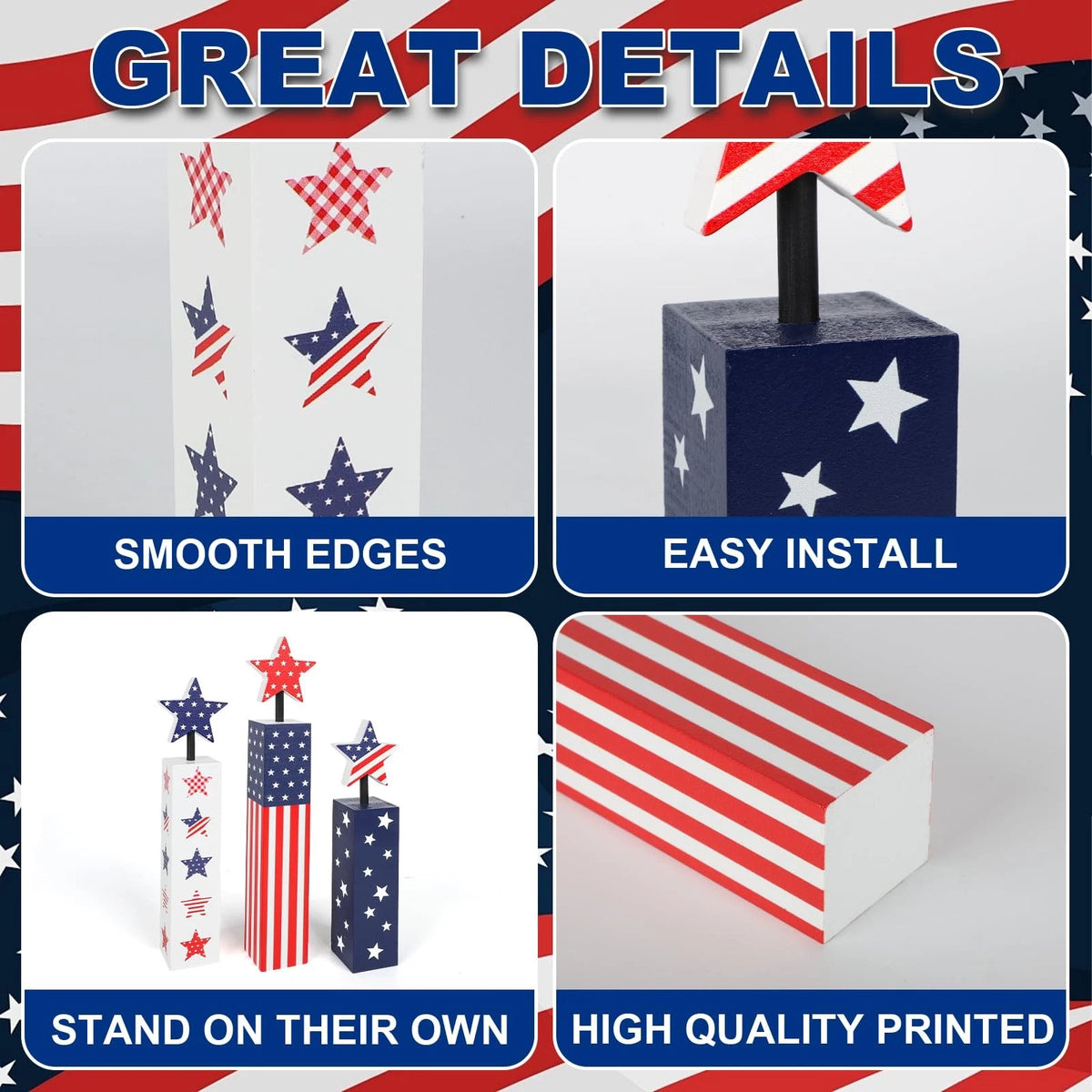 Set of 4 Red White Blue Wooden Patriotic Decorations for Memorial Day