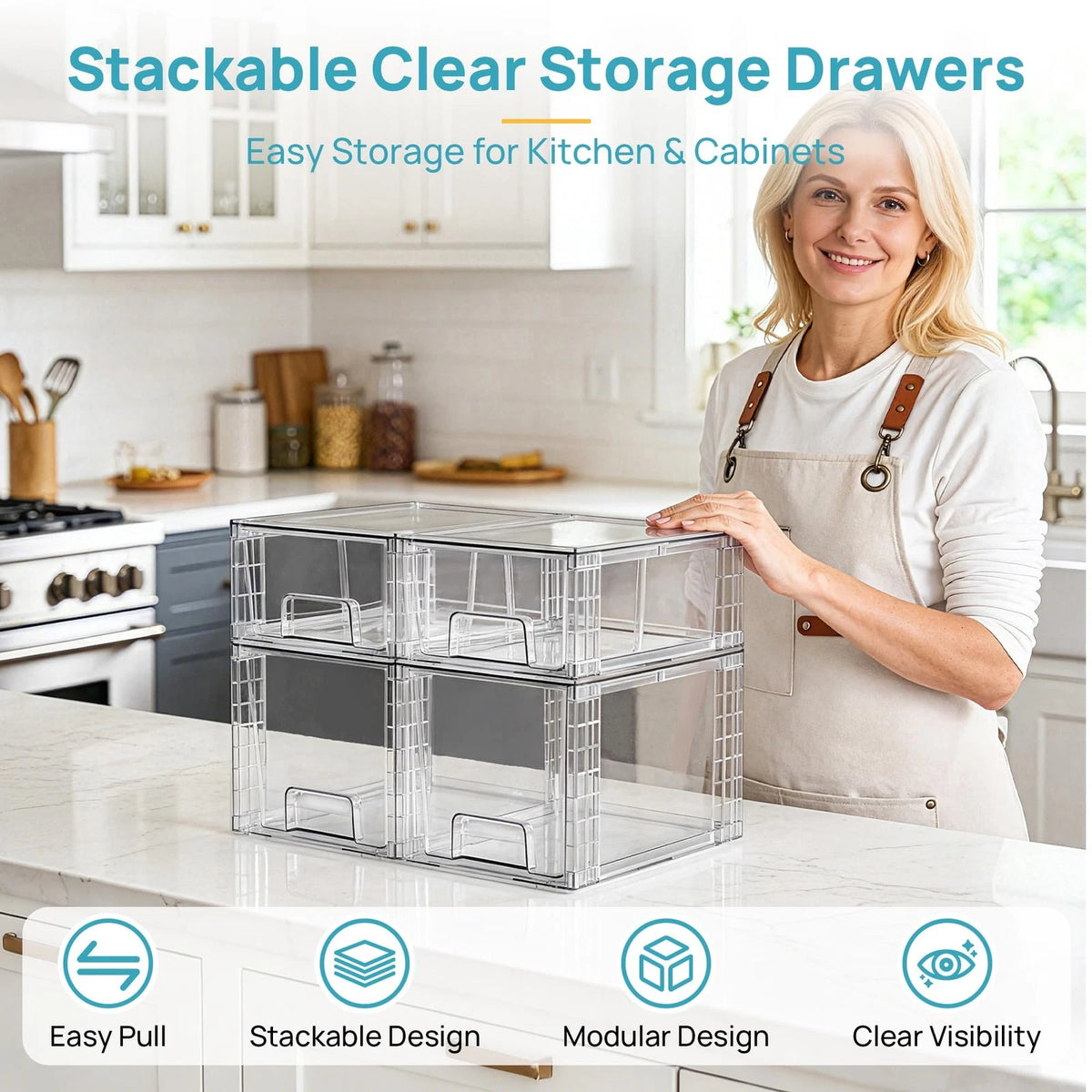 4 Pack Clear Stackable Storage Drawers for Under Sink and Kitchen