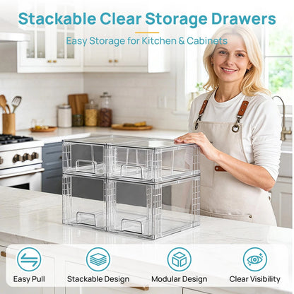 4 Pack Clear Stackable Storage Drawers for Under Sink and Kitchen