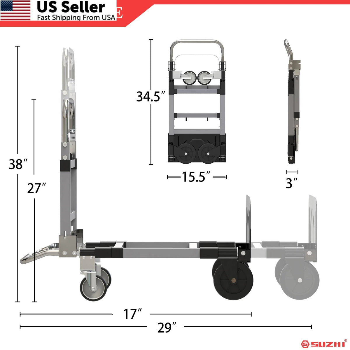 3 in 1 Convertible Hand Truck Dolly Cart for (500lbs)