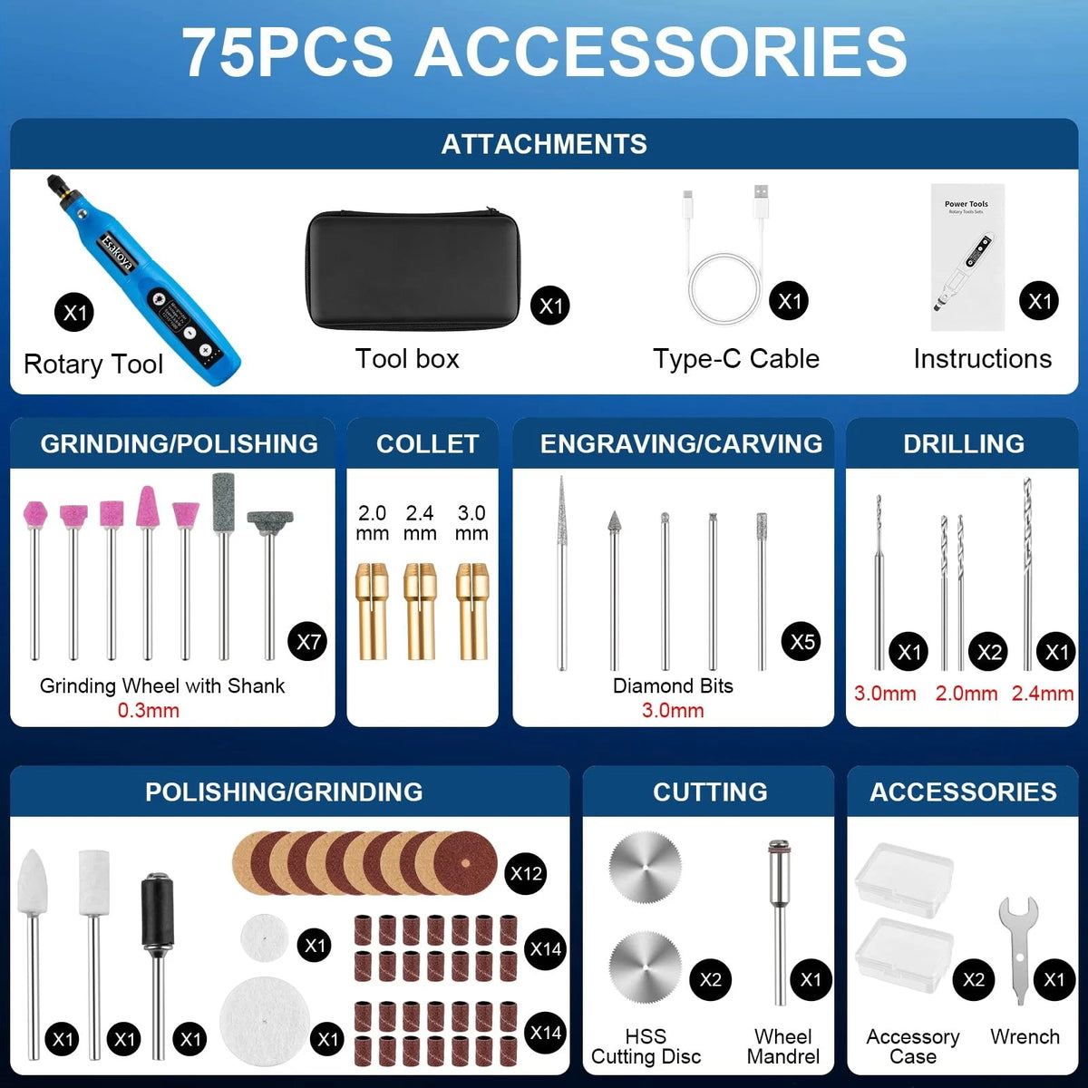 Cordless Rotary Tool Multi-Purpose Power Kit with 75 Blue