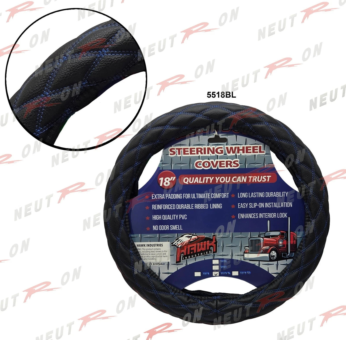 18" Steering Wheel Cover for Semi Truck Big Rig (5518BL) - Blue Stitch