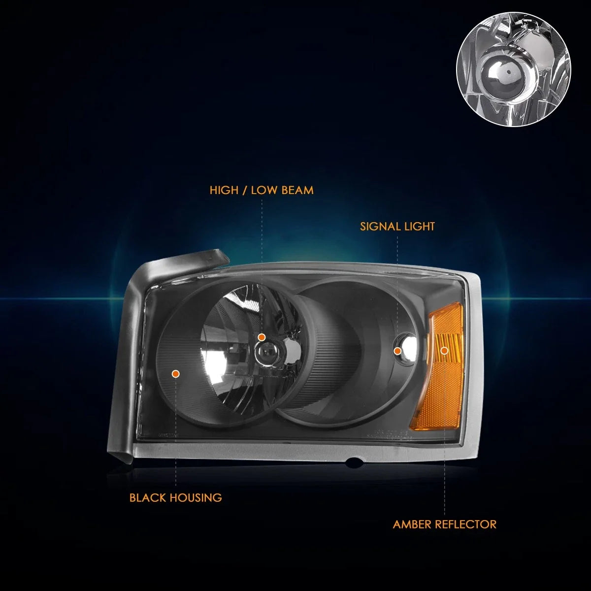 Black Housing Headlights with Amber Corner for 2005-2007 Dakota