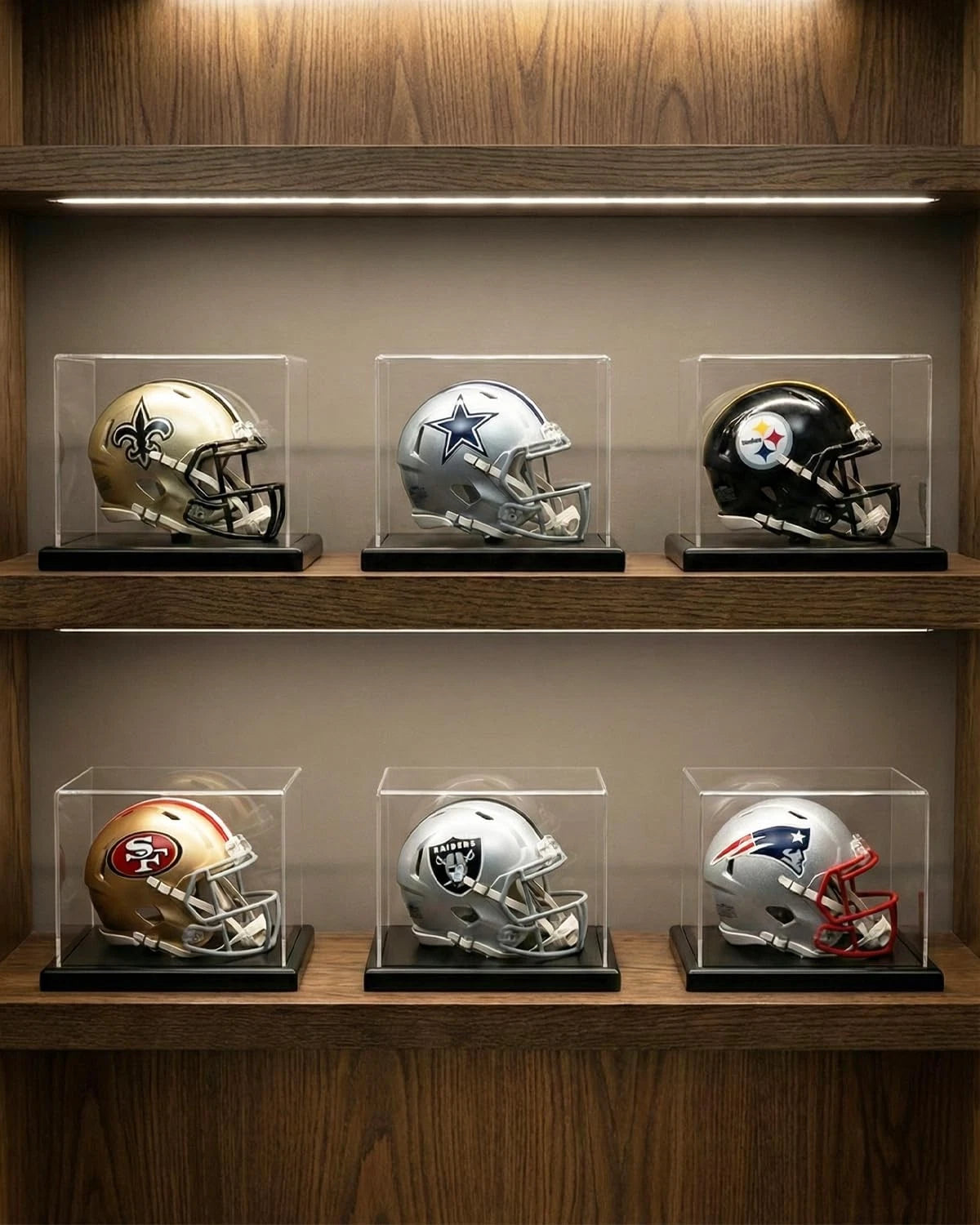 Mini Helmet Display Case with Solid Wood Base for Universal Use