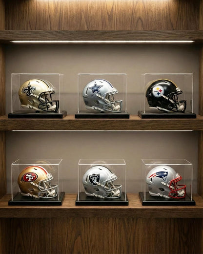 Mini Helmet Display Case with Solid Wood Base for Universal Use