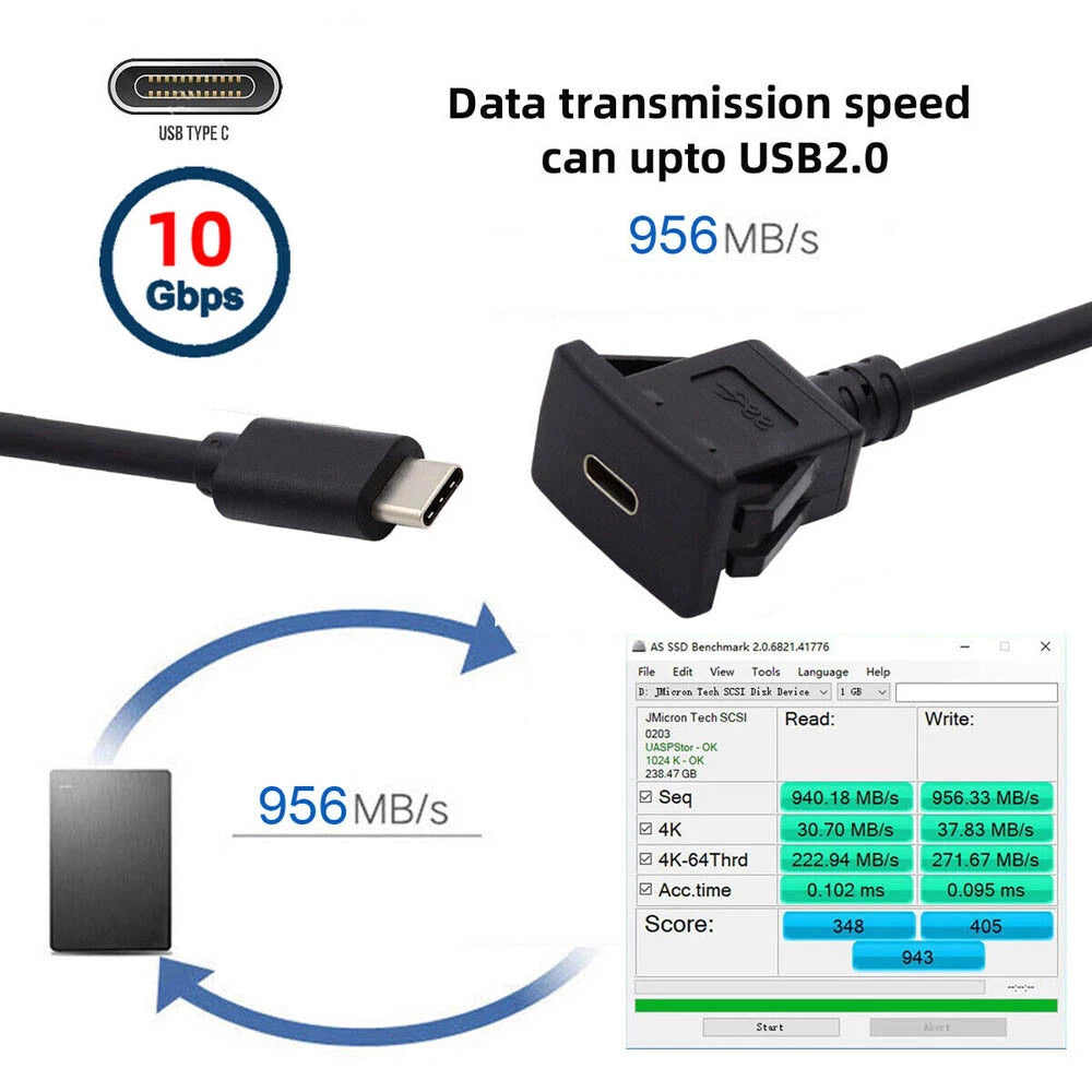 USB-C Type-C 10Gbps Extension Cable for Car Latch Mount