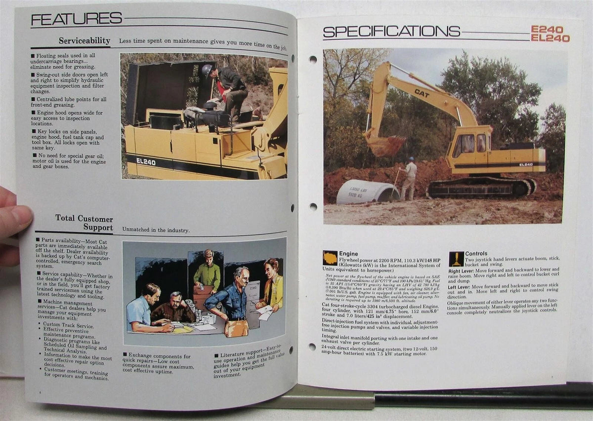Excavator Specifications Brochure for Caterpillar E240 EL240 (1988)