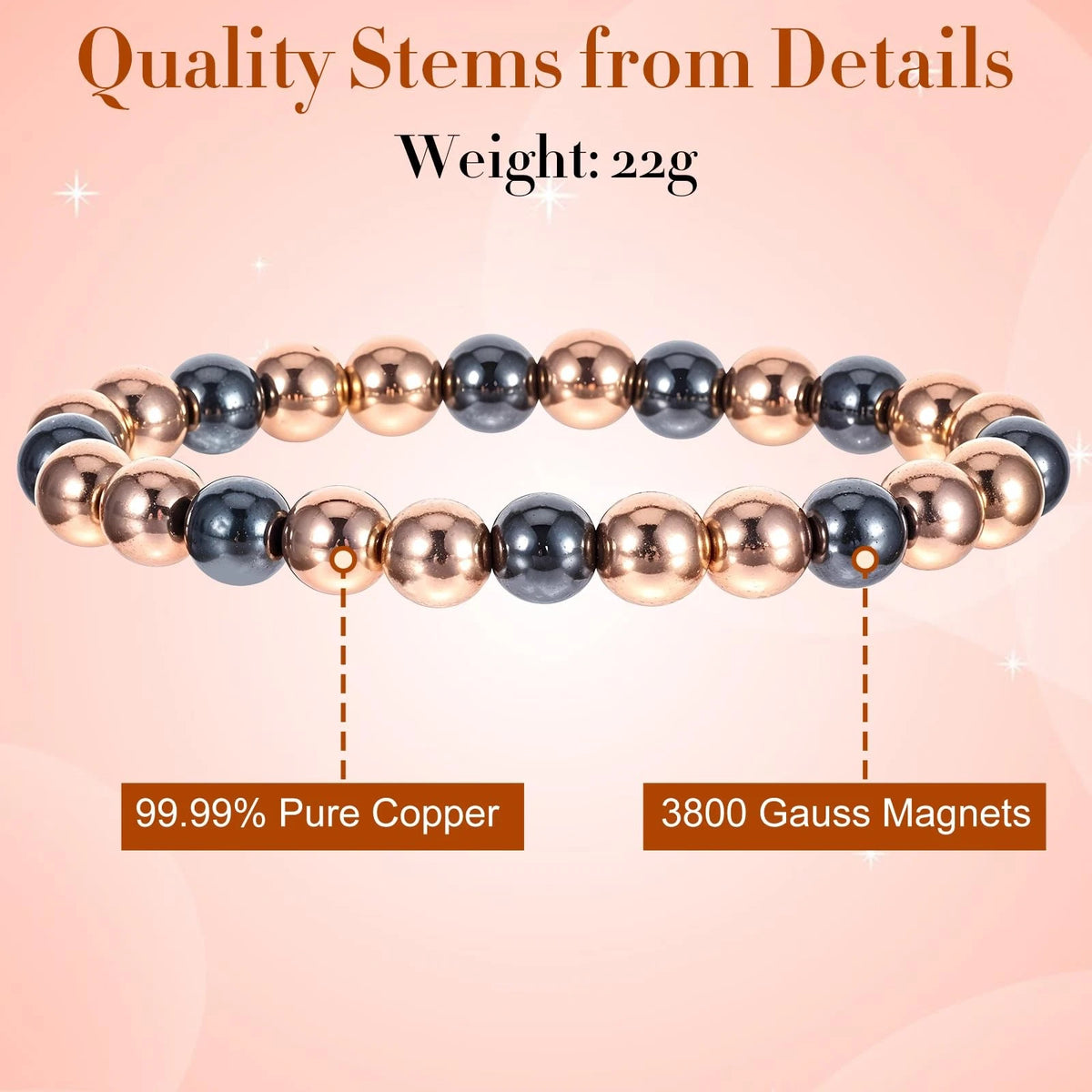 Copper Bracelet for Women and Men - Hematite Beaded Stretch Bracelet