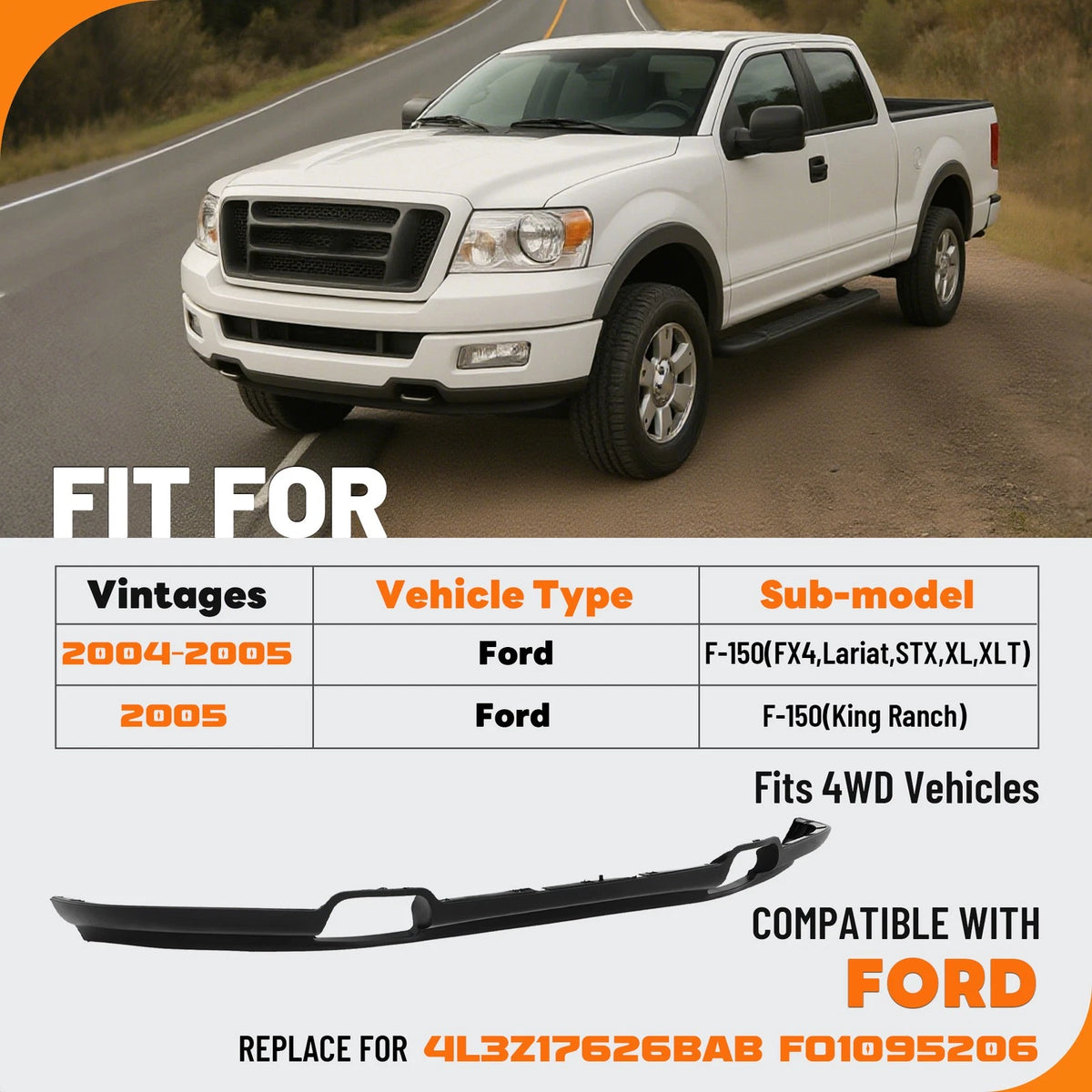 Front Bumper Lower Valance Spoiler for Ford F-150 4WD (2004–2005) - CON-A000000690, 4L3Z17626BAB, FO1095206