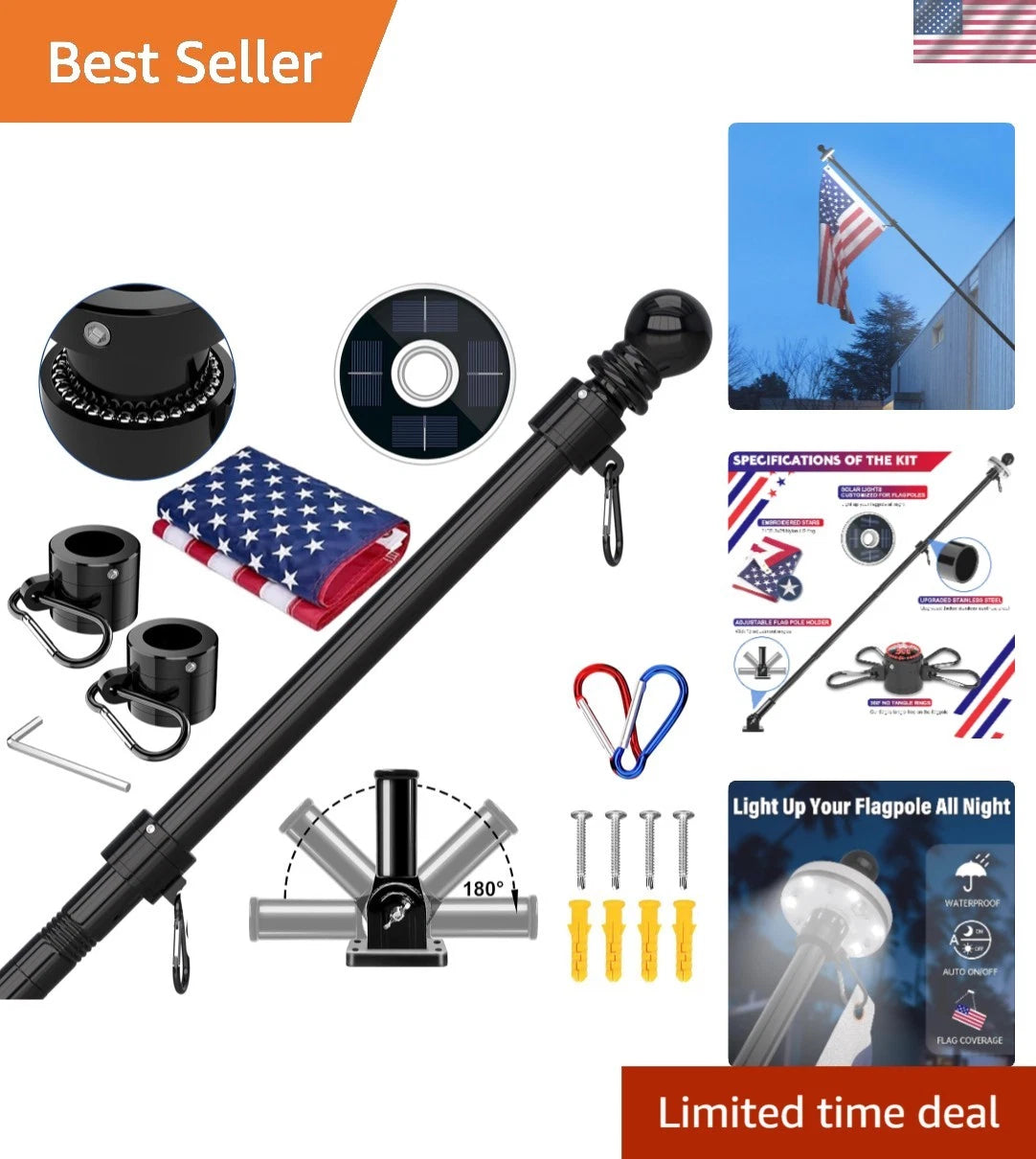 5FT Complete Flag Pole Kit with Solar Light & American Flag
