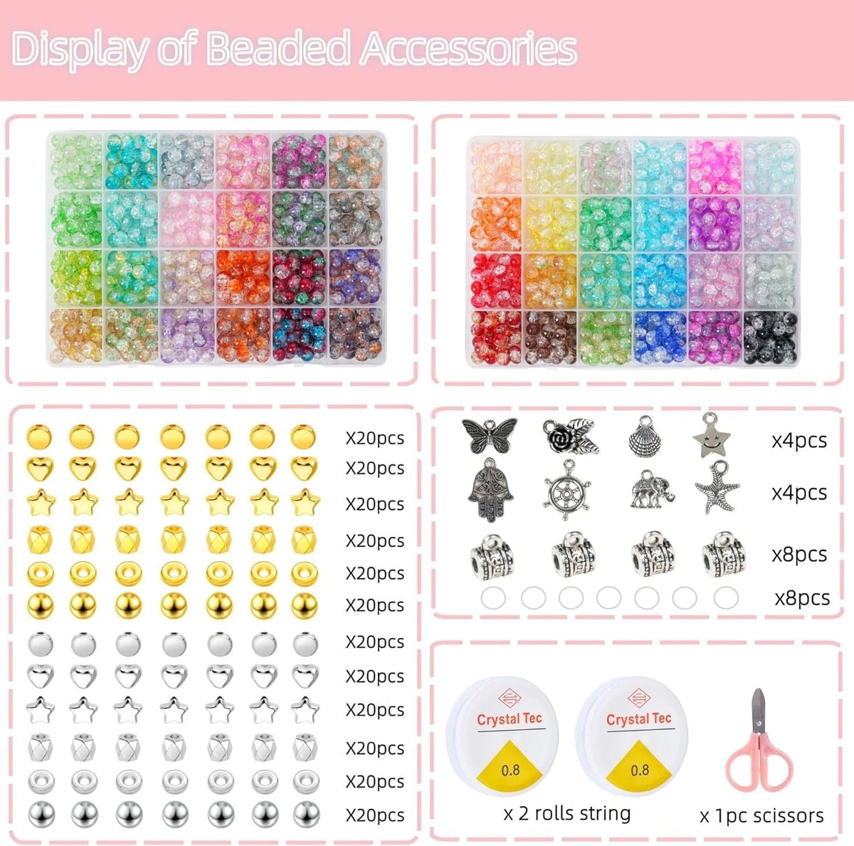 1300PCS 8mm Mixed Crackle Glass Beads for Bracelets Making
