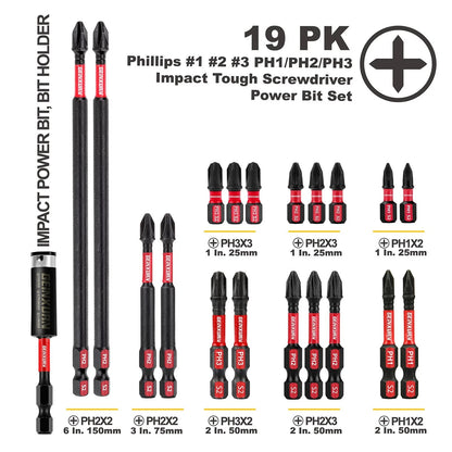 19-Piece Impact Tough Phillips Bits Set for Insert Driver