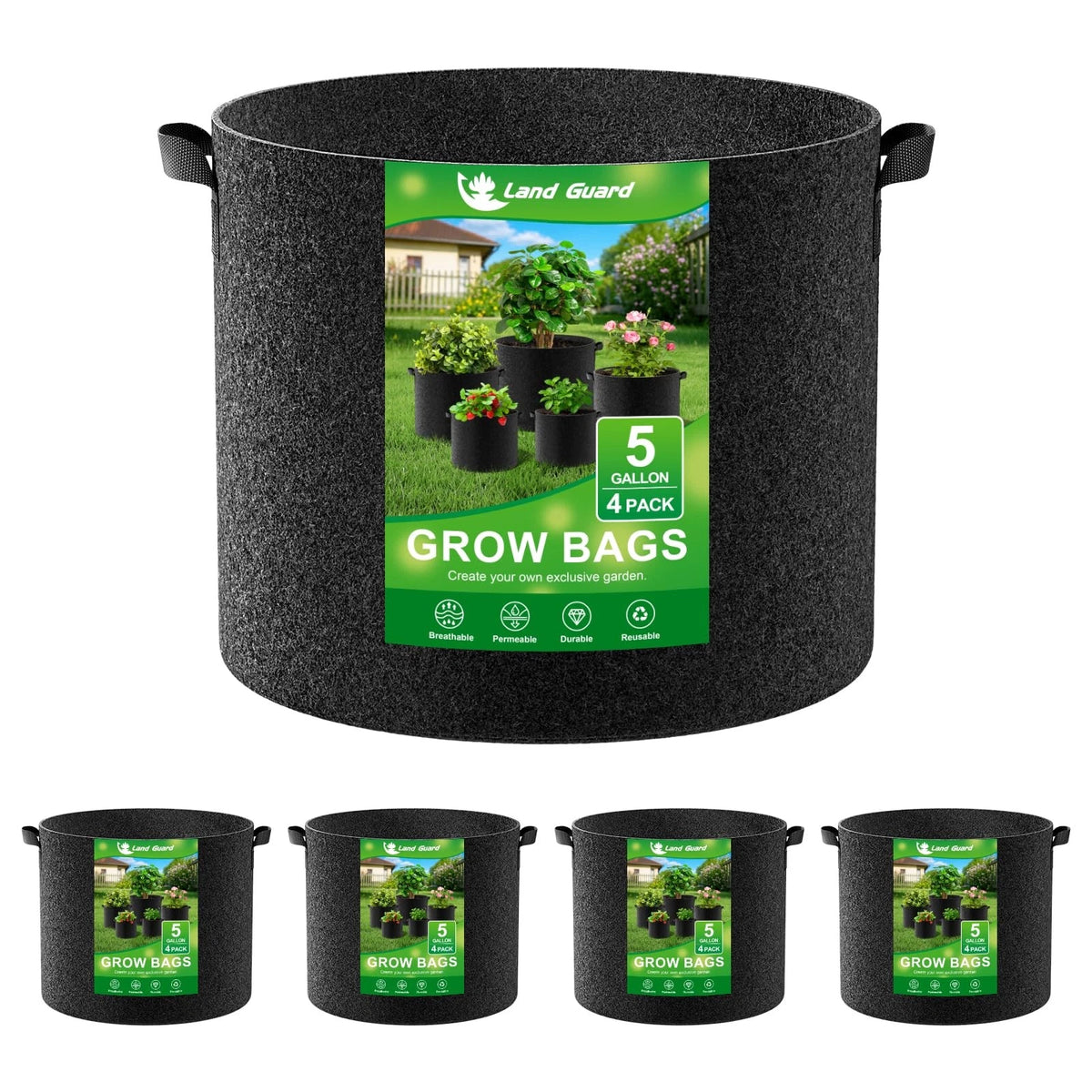 4-Pack 5 Gallon Fabric Grow Bags for Garden