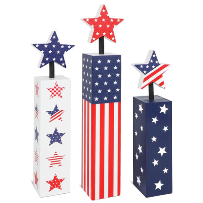 Set of 4 Red White Blue Wooden Patriotic Decorations for Memorial Day