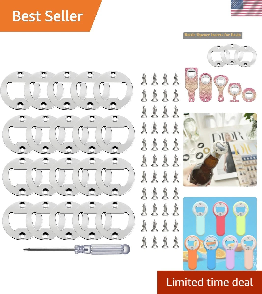 Set of 20 Stainless Steel Bottle Opener Inserts for DIY Projects