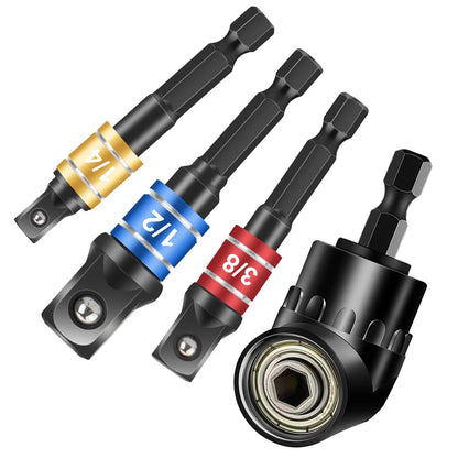 4Pcs Right Angle Drill Attachment Socket Adapter 1/4" 3/8" 1/2"