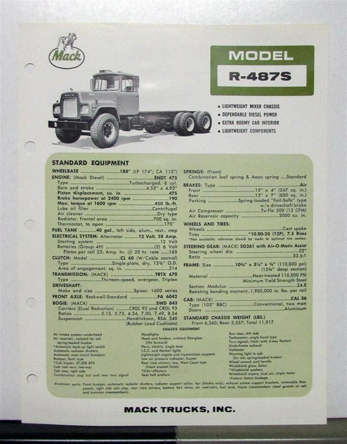 Specification Sheet for 1970 Mack Truck Model R 487S