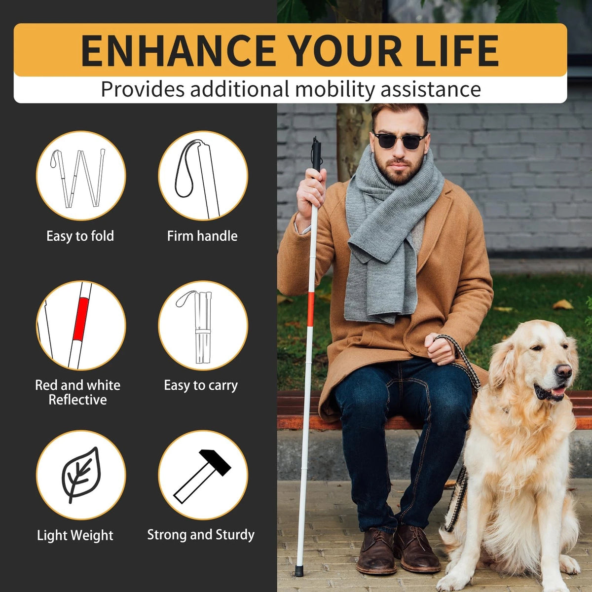 Folding Blind Cane Reflective Red Walking Stick for Vision (52 inch)