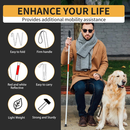 Folding Blind Cane Reflective Red Walking Stick for Vision (52 inch)